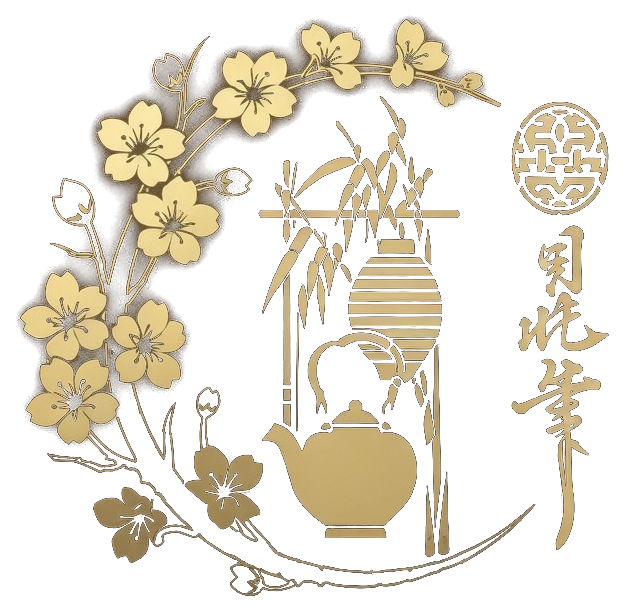 Emblema de La Grulla de Oro: flor de cerezo, bambú, farolillo, tetera y caligrafía china