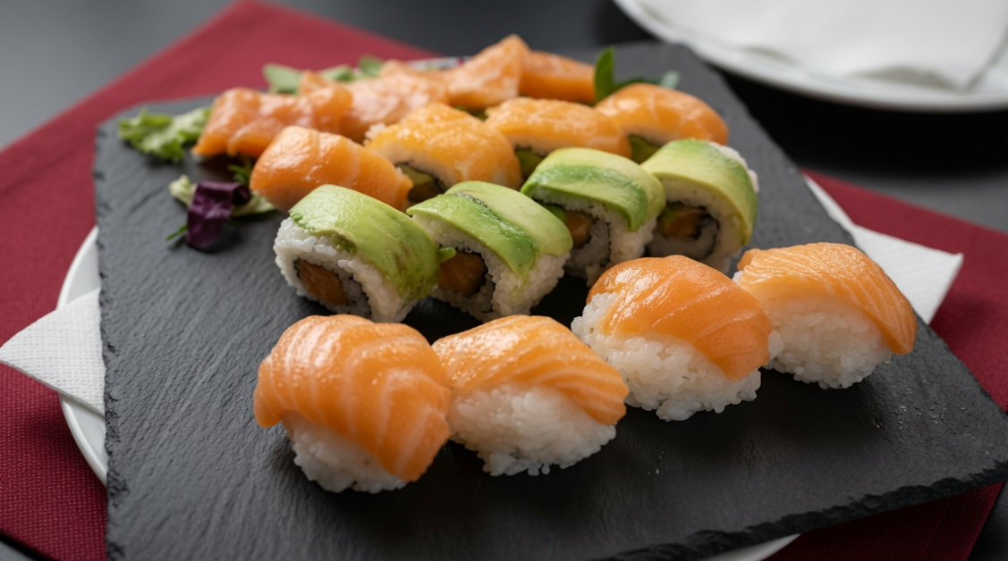 Selección de sushi de salmón y aguacate