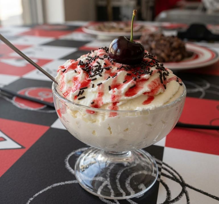 Copa de helado con nata, cereza y sirope